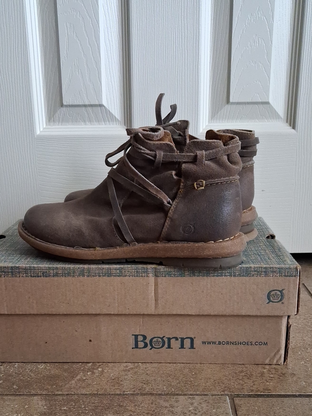 Born Dark Brown Suede Wrap Lace Ankle Booties